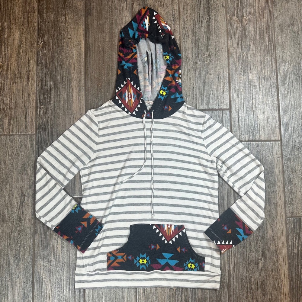 My Story‎ Women's Large Gray White Stripe Aztec Print Hoodie Sweatshirt